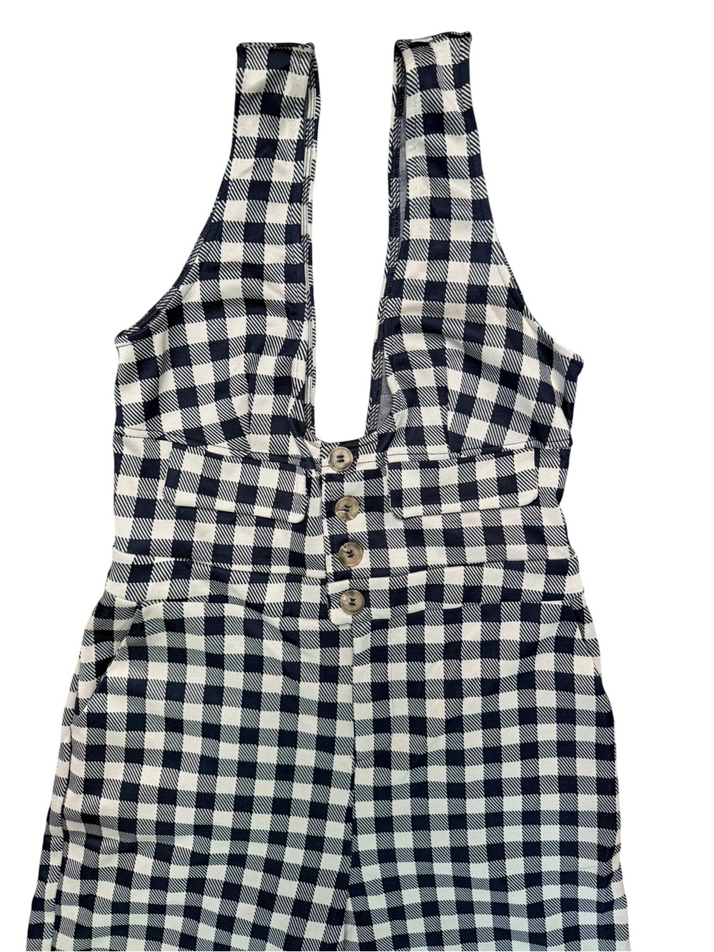 Cider Navy Gingham Wide Leg Jumpsuit Button Front Pockets Size Medium - Picture 4 of 14
